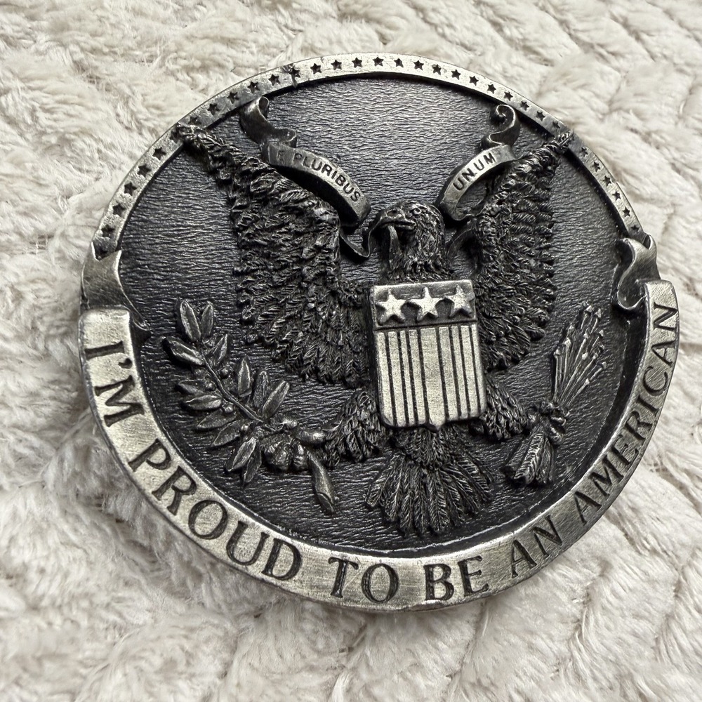 Vintage Belt Buckle USA Patriotic Eagle flag 2.5x3 "I'm Proud To Be An American"